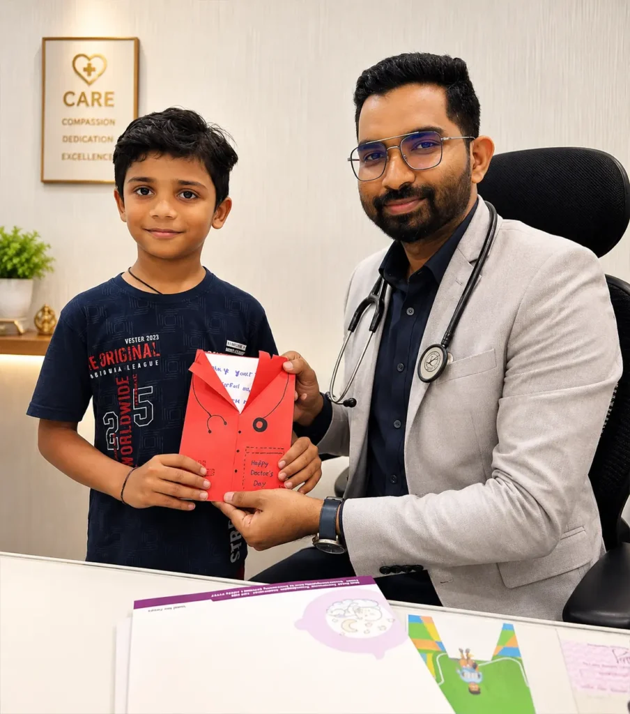 "Child presenting a Doctor's Day greeting card to a pediatrician inside a modern children's healthcare clinic."